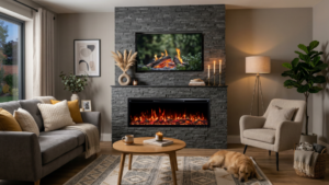 Image of motion slim electric fire in modern living room with golden retriever sleeping